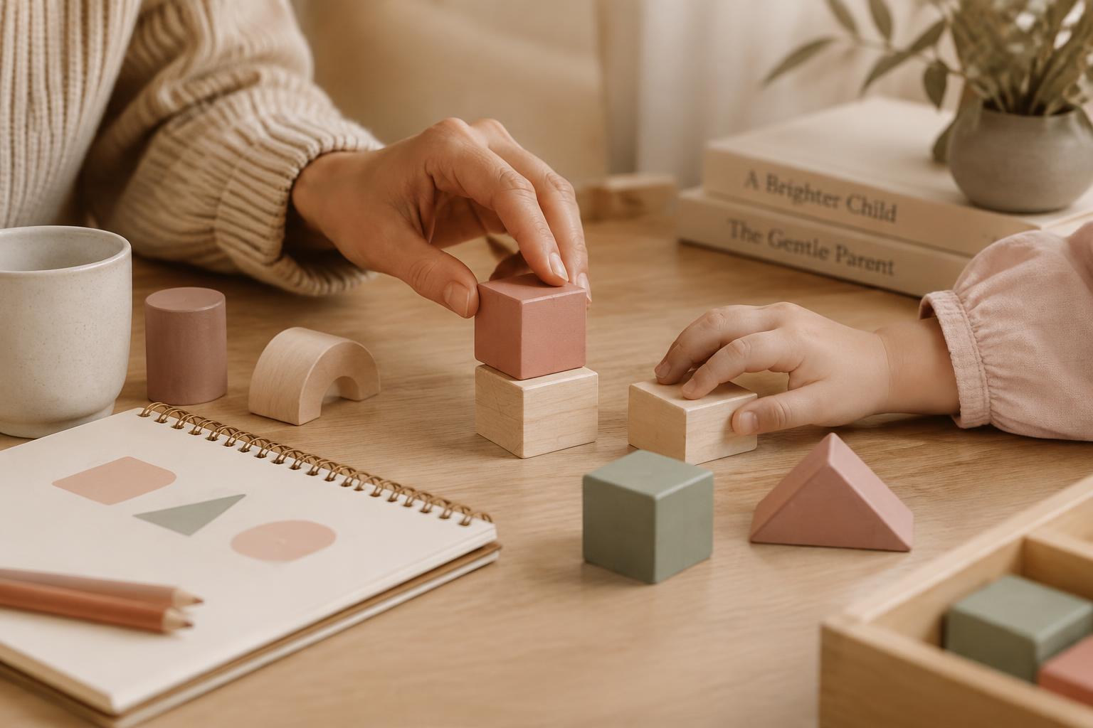 Mãos de uma adulta e de uma criança organizando blocos de aprendizagem sobre a mesa